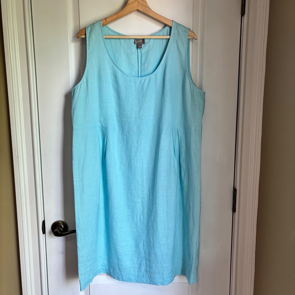 J. Jill Women Turquoise Blue 100% Linen Sleeveless Scoop Neck Shift Dress Large